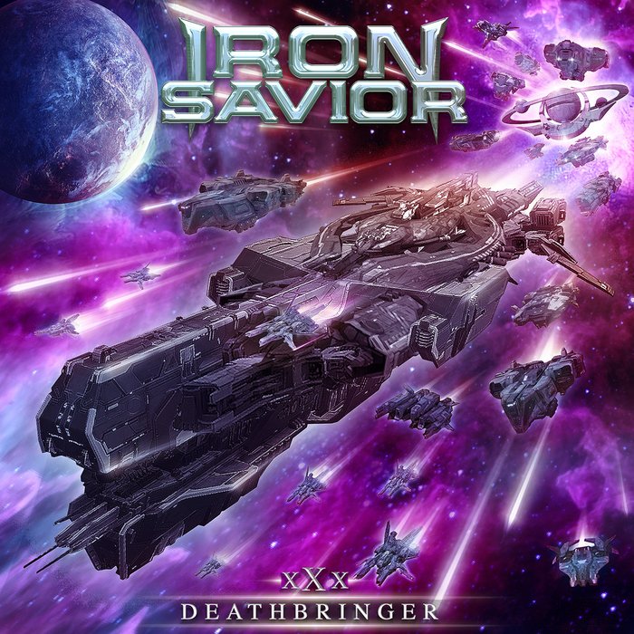 Iron Savior Deathbringer album cover with a giant starship
