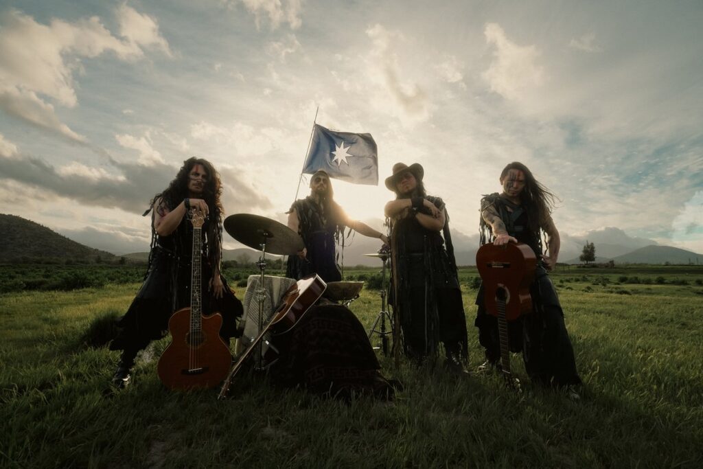 Mawiza performing acoustically in a field with a Mapuche flag