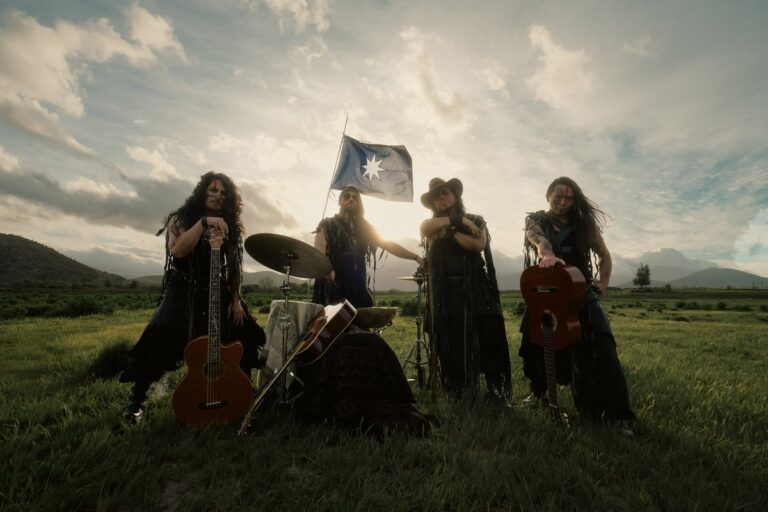 Mawiza performing acoustically in a field with a Mapuche flag