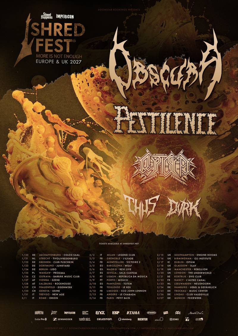 Obscura Shred Fest Europe and UK 2027 tour poster